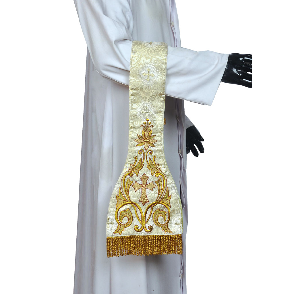 Priest Maniples Fully Embroidered Metallic White Gold Maniple