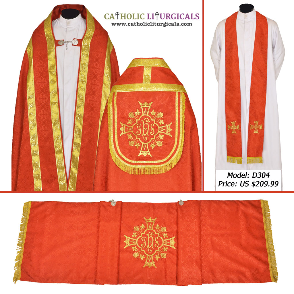 Cope Vestment Red Cope, Humeral Veil & Stole Set