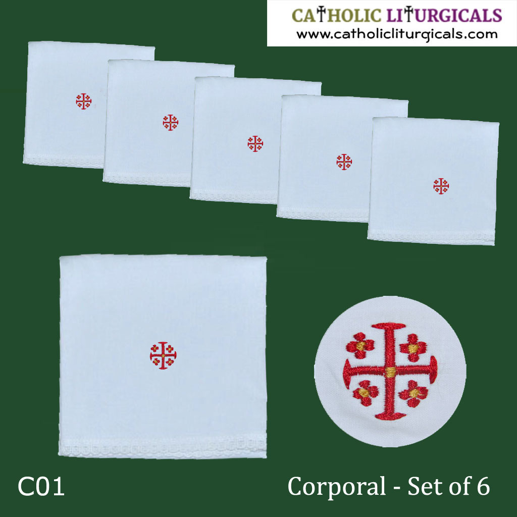 Altar Linens Set of 6 Cross Design Corporals - Jerusalem Cross
