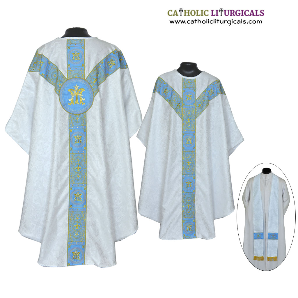 Gothic Chasubles MCA : White with Blue Gothic Vestment & Stole Set 