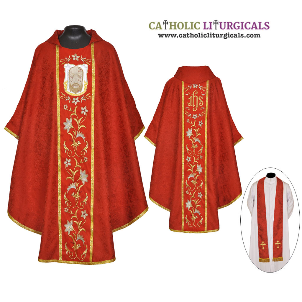 Gothic Chasubles Red Collar Vestment & Stole Set